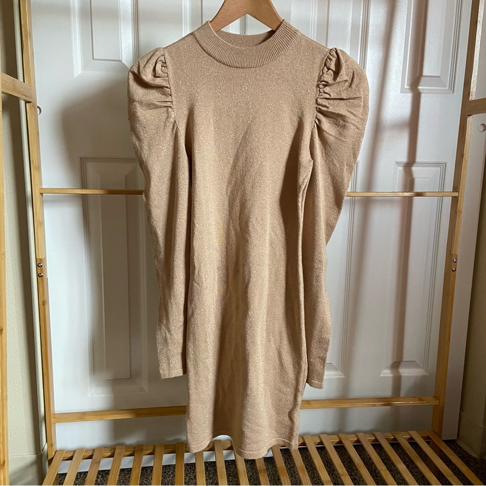 Tan & Gold Mock Neck Puff Sleeve Sweater Dress